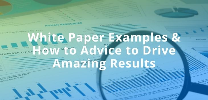 This is an image of paperwork with a heading on top of it. The heading is about White Paper Examples & How to Advice to Drive Amazing Results.